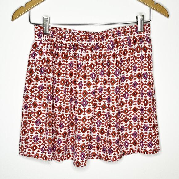 Socialite Womens Mini Skirt S Geometric Ikat Print Orange & Pink Pleated Pull On - Picture 3 of 5